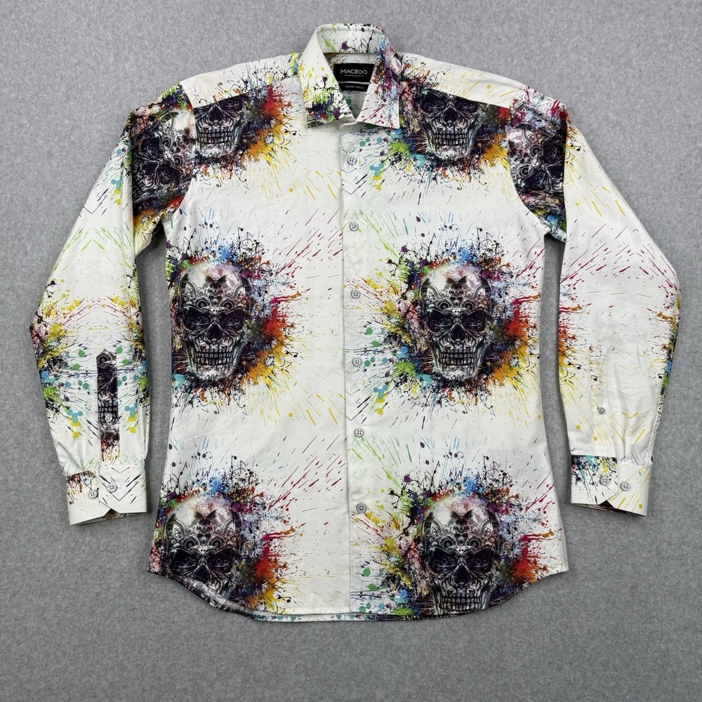Maceoo Shirt Mens Small 2 White Spray Paint Skulls‎ Print Fibonacci Button Up